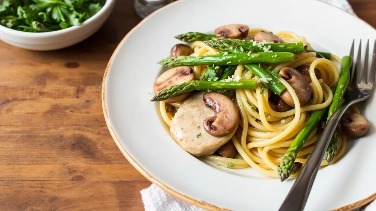 Chicken mushroom and asparagus pasta