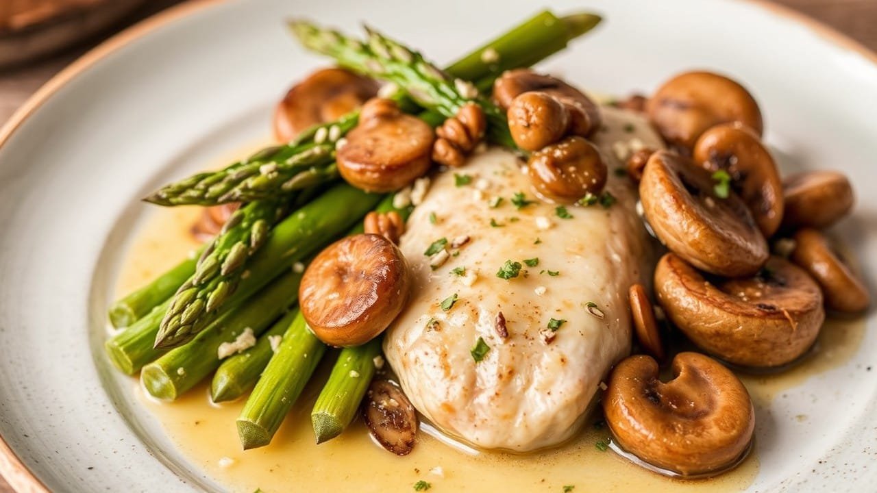 Chicken with asparagus and mushrooms