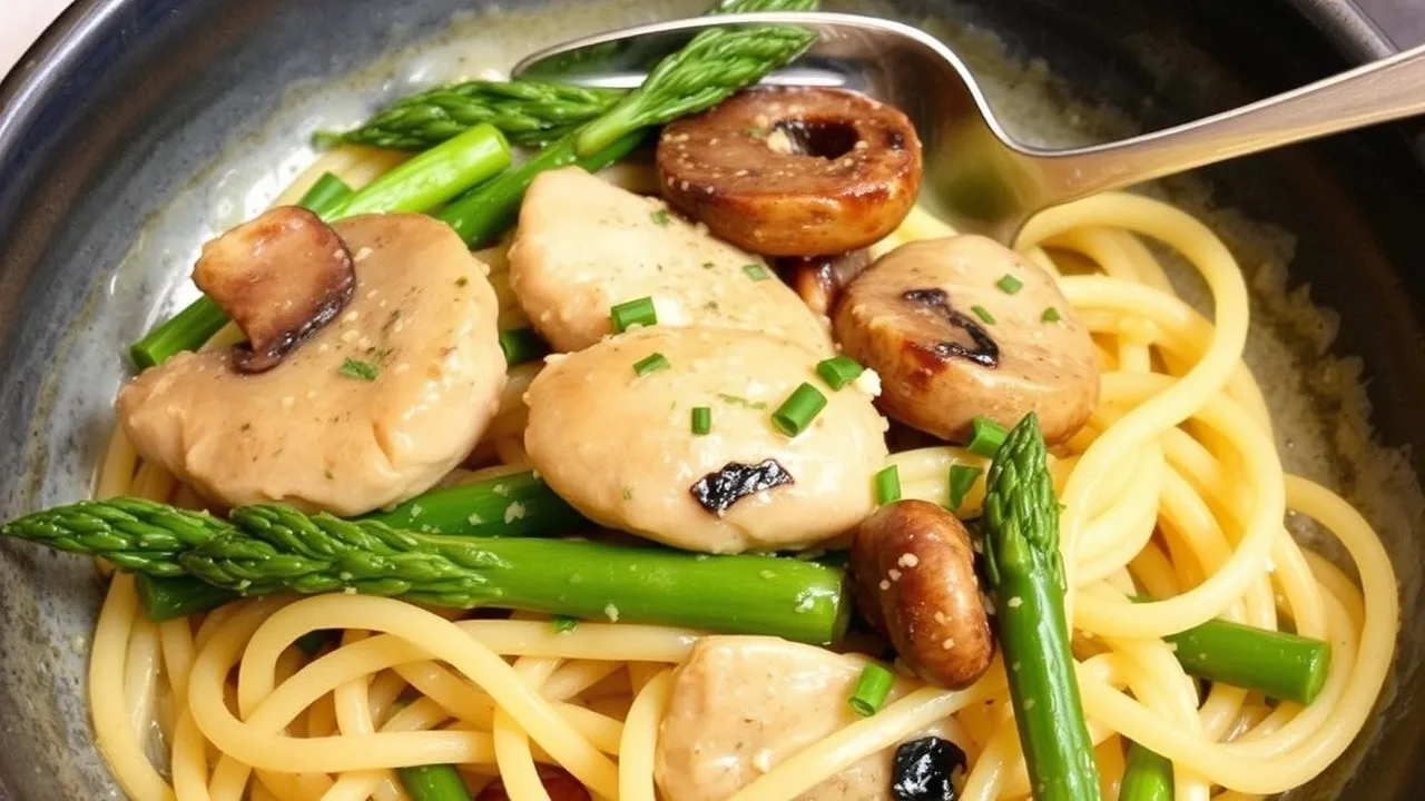 Chicken mushroom and asparagus pasta