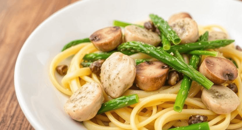 Chicken mushroom and asparagus pasta