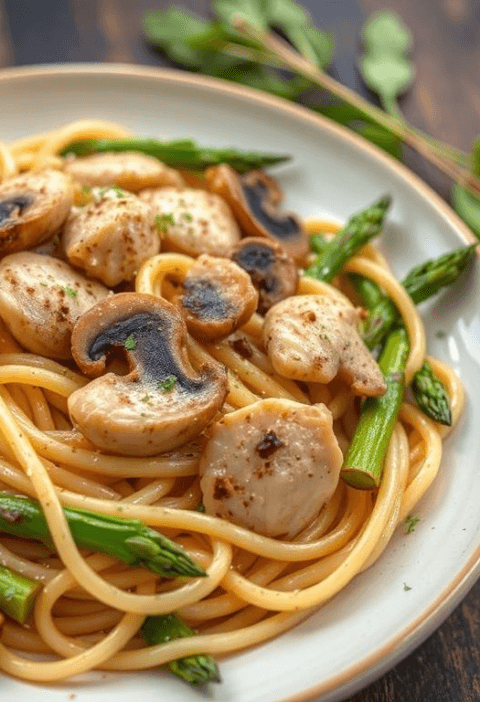Chicken mushroom and asparagus pasta
